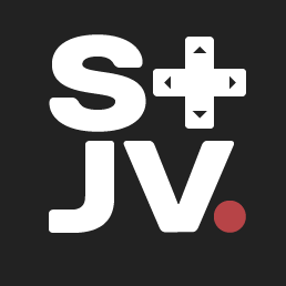 STJV logo : dark background with a white font, top line is an S and a stylized gamepad D-pad ; bottom line are a J and a V followed by a red dot