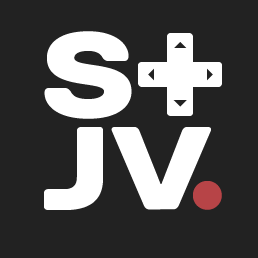 Logo du STJV : fond noir avec police blanche, première ligne un S et une croix de manette stylisée ; seconde ligne un J et un V suivis d'un point rouge