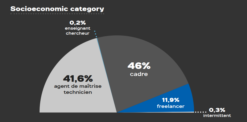 Statistics from the STJV 2022 survey: socio-professional category. 41.6% ETAM, 46% cadre, 11.9% self-employed, 0.3% intermittent, 0.2% teacher and researcher