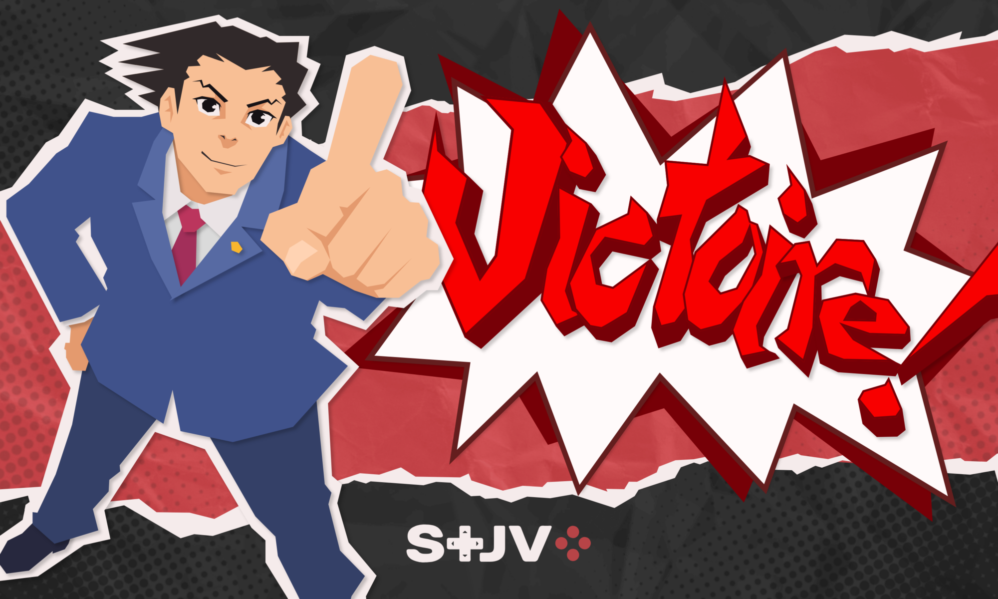 Sur fond rouge et noir, à gauche de l'image, Phoenix Wright de la série Ace Attorney dans une posture triomphale, pointant du doigt vers l'avant de l'image. À droite, le texte "Victoire !" dans une fonte stylisée rappelant celle des interjections d'Ace Attorney. En bas de l'image, le logo STJV.