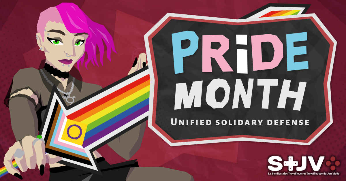 On a dark red background, a character representing the LGBTQIA+ community is holding a sword colored like the LGBTQIA+ flag. On top of it, a text box reads "Pride month, Unified solidarity defense".