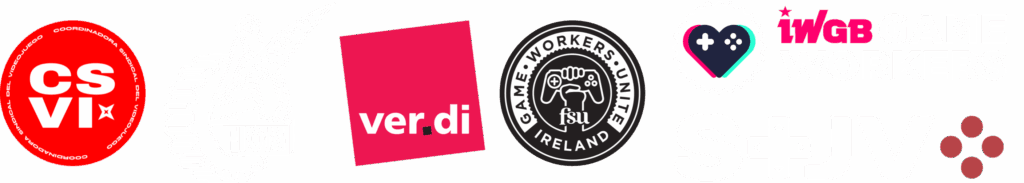 Logos de CSVI-CGT, FIOM-CGIL, ver‧di, GWU Ireland, IWGB Game Workers, et du STJV