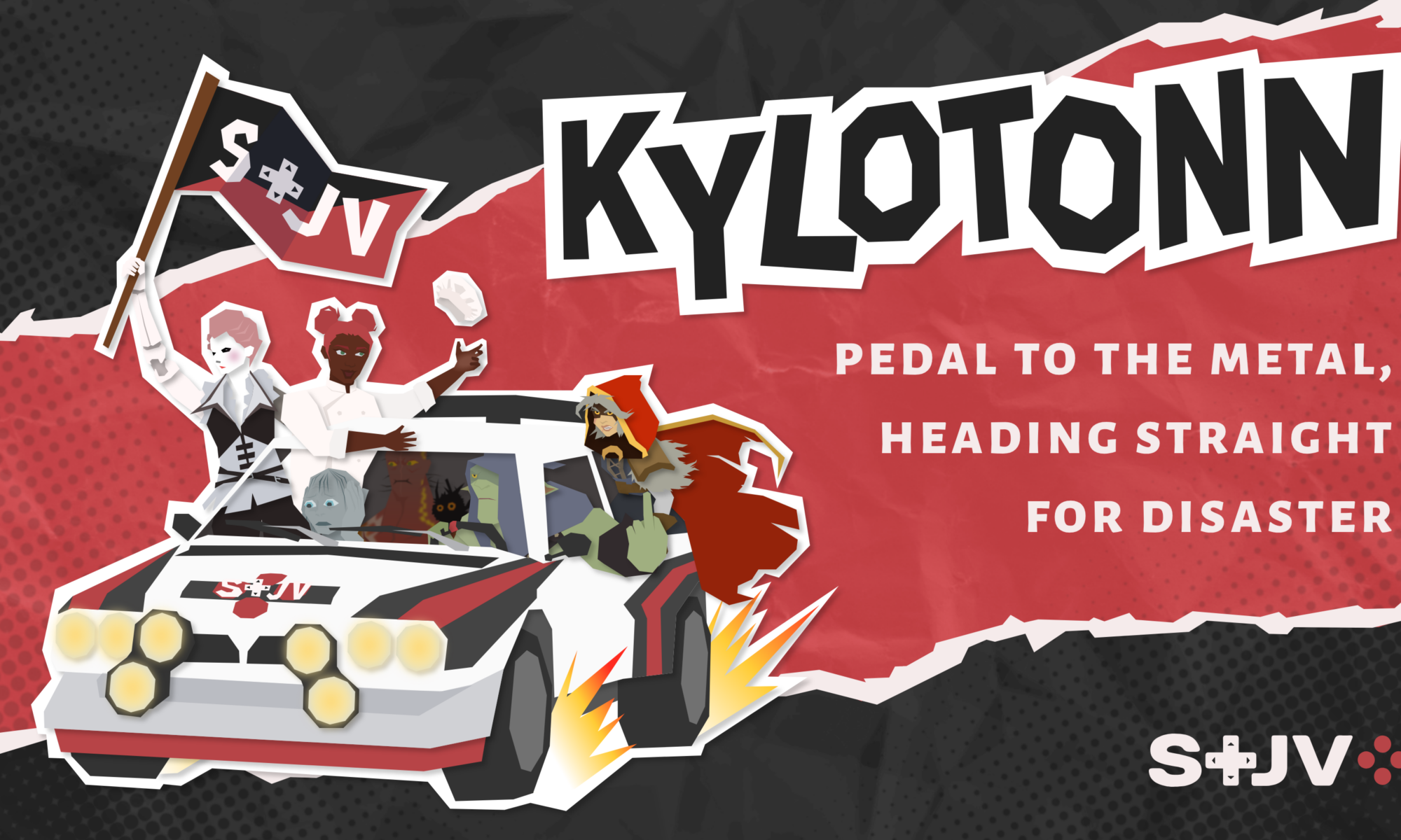 Kylotonn: pedal to the metal, heading straight for disaster. The image also features a drawing of a rally car, in which several characters from Nacon games are seated