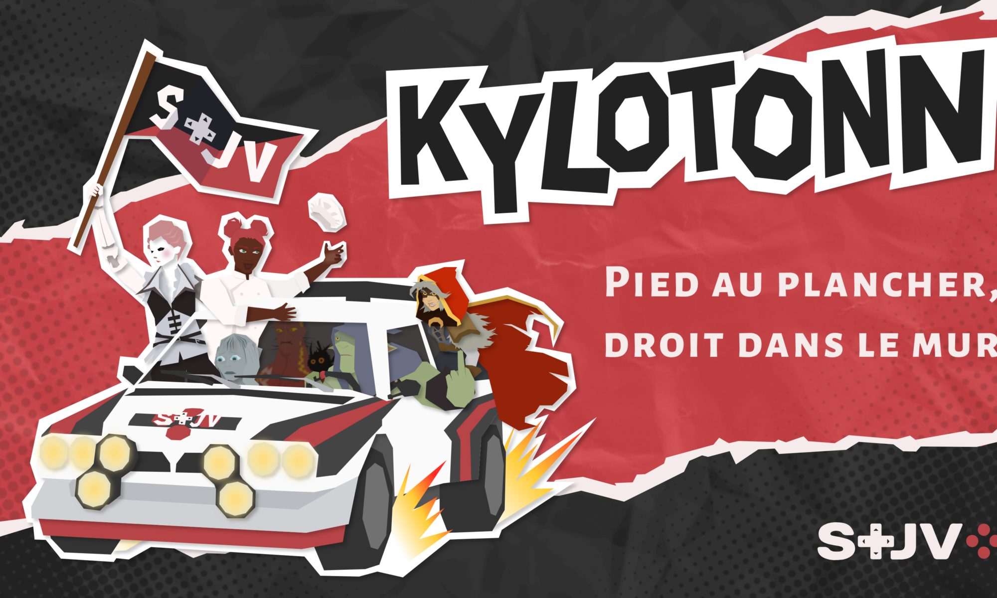 Kylotonn : pied au plancher, droit dans le mur. Le visuel est accompagné d'un dessin d'une voiture de rallye dans laquelle sont installés différents personnages de jeux du groupe Nacon.